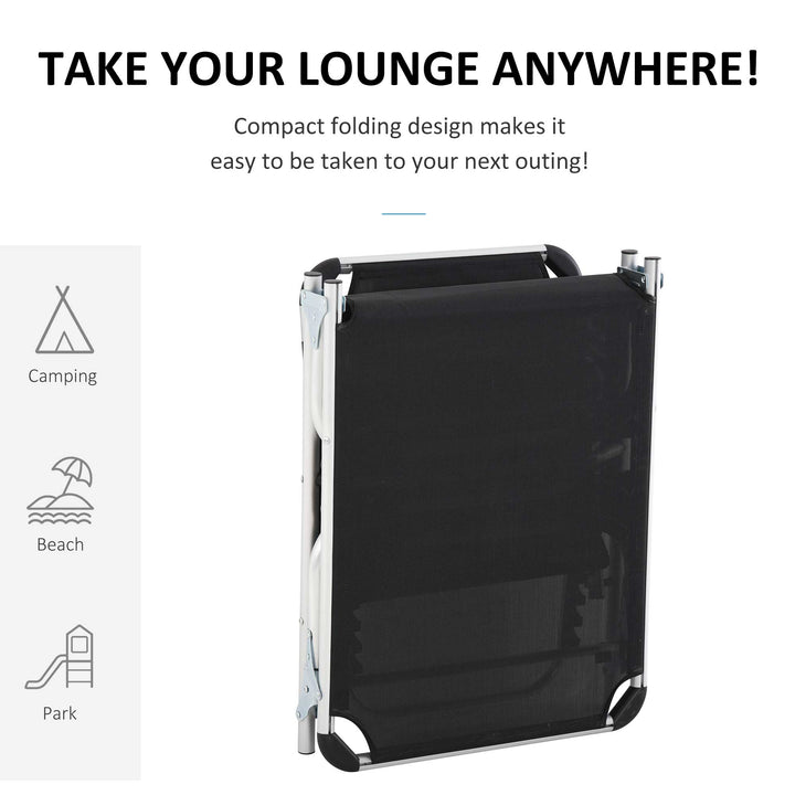 Foldable Outdoor Sun Lounger, Reclining Lounge Chair Camping Bed Cot with Pillow 4-Level Adjustable Back Aluminium Frame, Black