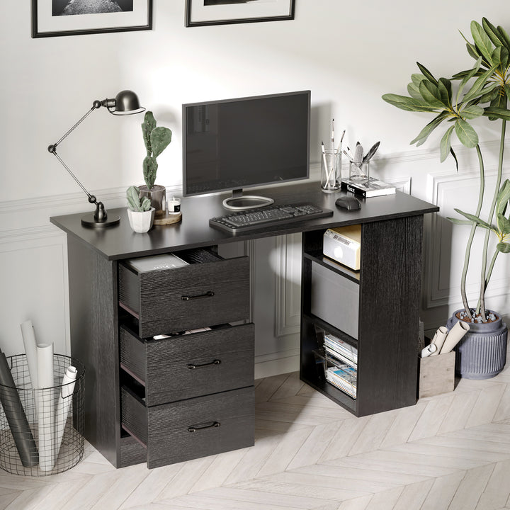 Computer Desk, Writing Table, PC Workstation with 3 Storage Shelves and Drawers, Black Handle, for Home Office, Black