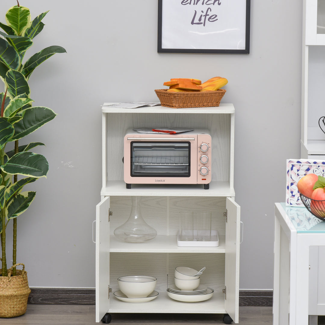 Kitchen Storage Unit, Modern Microwave Stand Trolley Cart, Sideboard with Cabinet, Locking Wheels, Shelf for Living Room, Dining Room, White