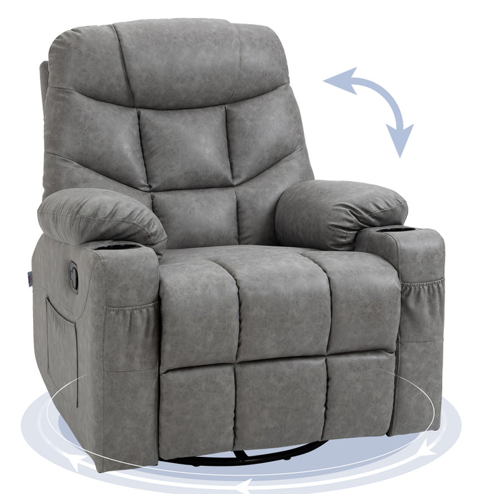 HOMCOM Manual Reclining Chair, Recliner Armchair with Faux Leather, Footrest, Cup Holders, 86x93x102cm, Grey | Aosom UK