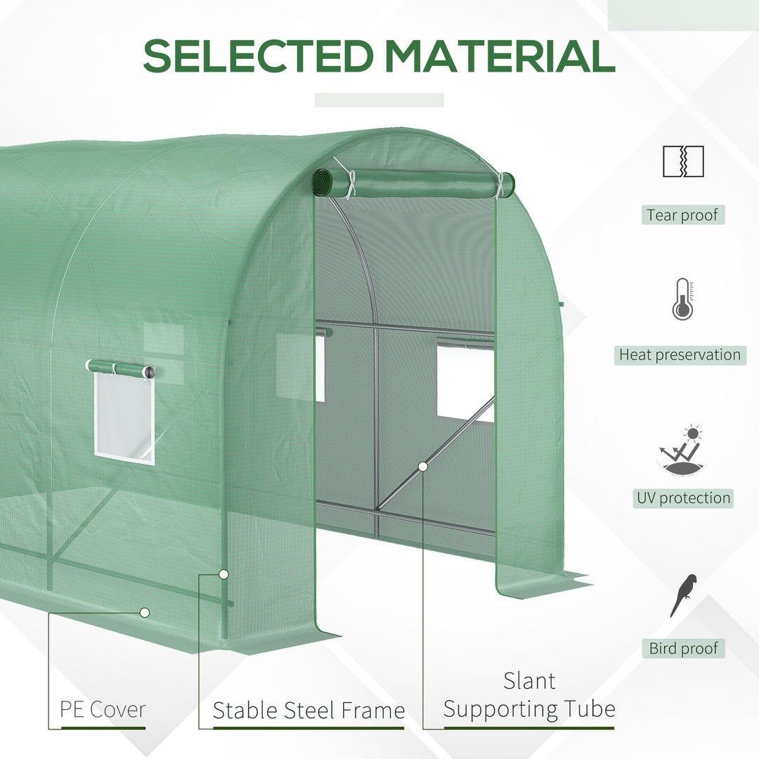 3.5 x 2m Walk-In Polytunnel Greenhouse, with Steel Frame, PE Cover, Roll-Up Door and 6 Windows, Green