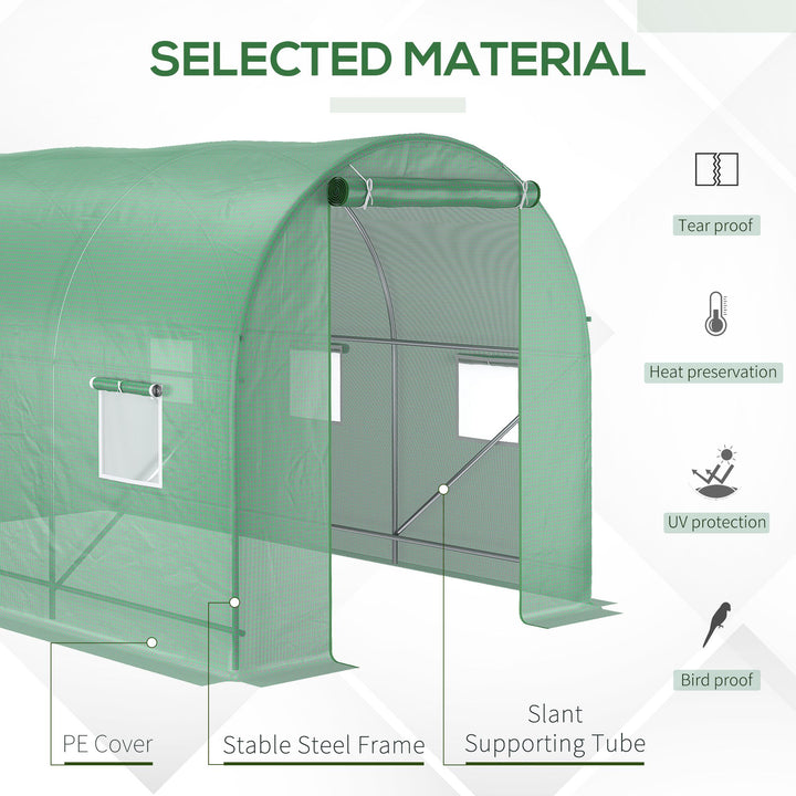 3.5 x 2m Walk-In Polytunnel Greenhouse, with Steel Frame, PE Cover, Roll-Up Door and 6 Windows, Green