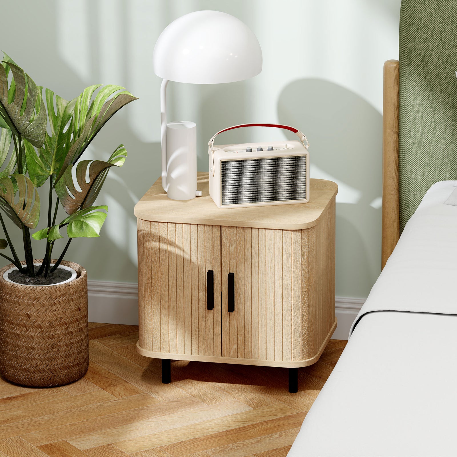 Bedside Table, Nordic Side Table with Roller Shutter Style Sliding Doors and Metal Legs for Bedroom, Living Room, Oak Tone