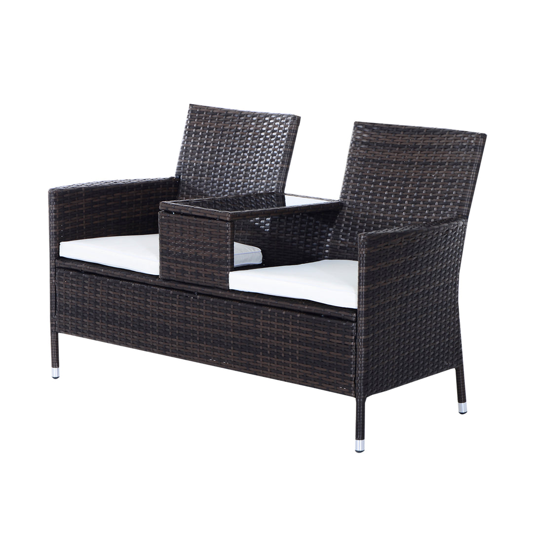 2-Seater Rattan Chair Furniture Set W/ Middle Tea Table-Brown