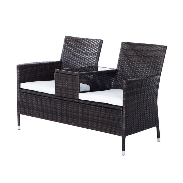2-Seater Rattan Chair Furniture Set W/ Middle Tea Table-Brown