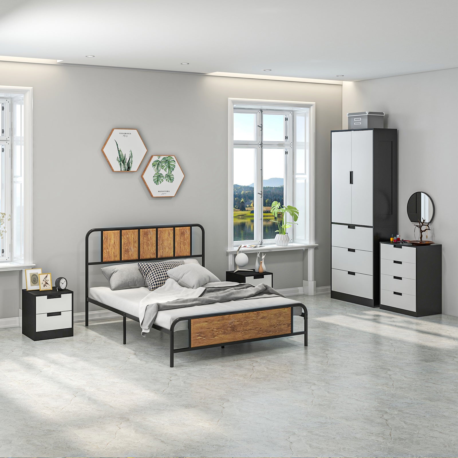 Bedroom Furniture Set, Wardrobe with Hanging Rod, 4 Drawer Chest of Drawers, 2 Bedside Tables with Storage, White and Black