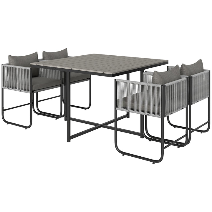 4 Seater Rattan Cube Garden Furniture Set, Rattan Dining Set with Cushions, Outdoor Dining Table and Chairs with Rectangular Wood Grain Plastic Top Table for Patio, Balcony, Grey