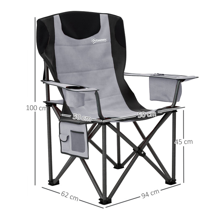 Set of 2 Folding Camping Chairs, Padded Camping Chairs with Adjustable Armrests, Portable & Lightweight Folding Camp Chair with Cooler Bag, Cup Holder and Side Pockets, Grey
