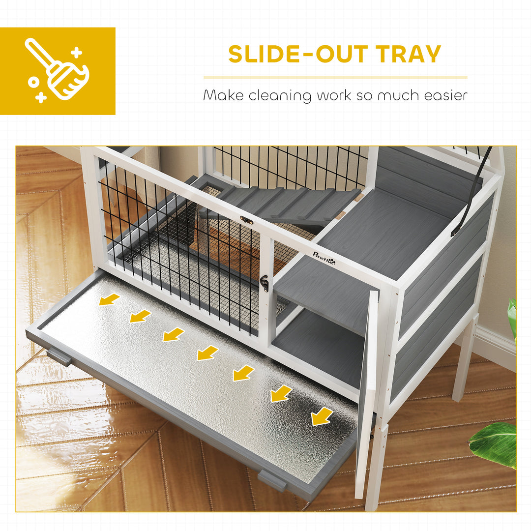 Wooden Rabbit Hutch, Guinea Pig Cage, with Removable Tray, Openable Roof, Grey