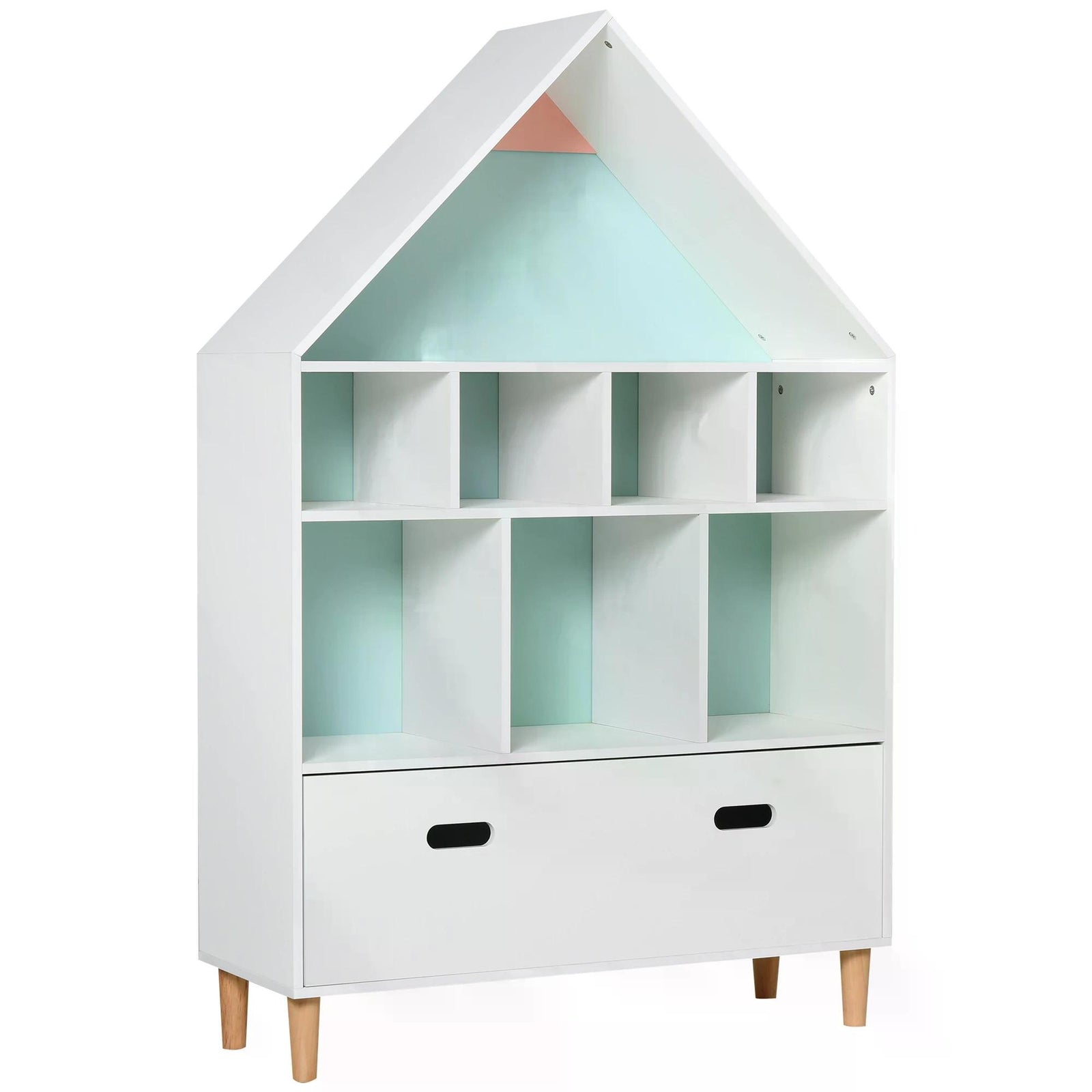 Kids House-Designed Bookshelf, with Drawer – Blue & White
