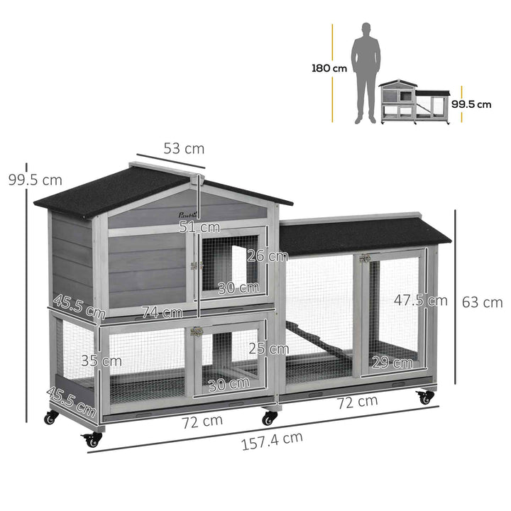 PawHut Two-Tier Rabbit Hutch and Run Wooden Mobile Guinea Pig Hutch Bunny Cage w/ Wheels, Run, Slide-Out Tray, Ramp 157.4 x 53 x 99.5 cm | Aosom UK