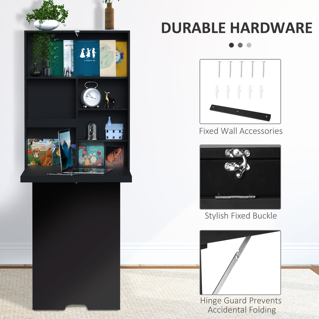 Folding Wall-Mounted Drop-Leaf Table, Convertible Wall Table With Chalkboard and Storage Shelf, Multifunctional Floating Desk for Home Office, Black