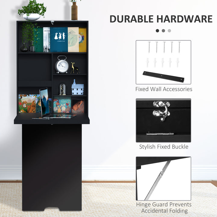 Folding Wall-Mounted Drop-Leaf Table, Convertible Wall Table With Chalkboard and Storage Shelf, Multifunctional Floating Desk for Home Office, Black