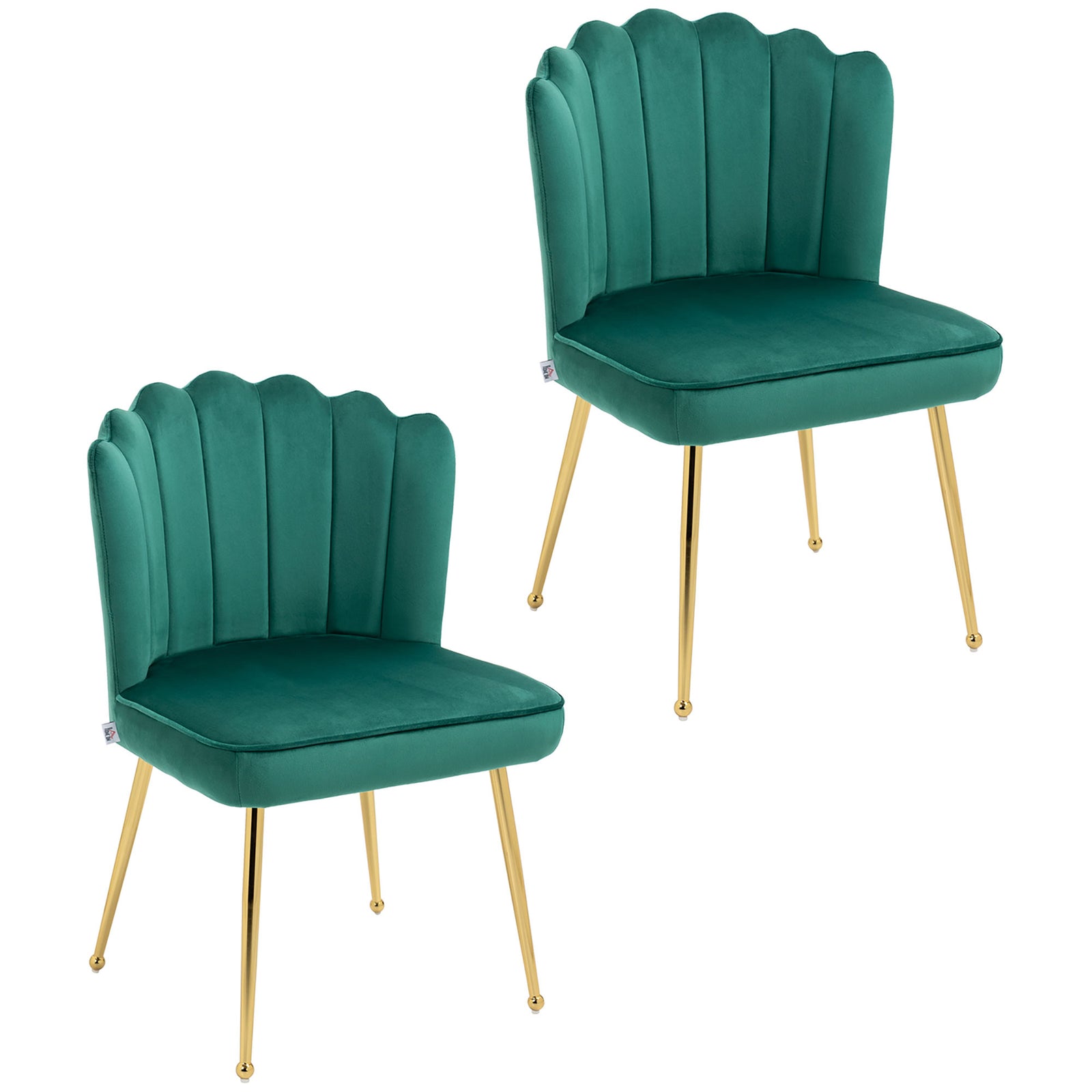 Shell Dining Chairs Set of 2, Upholstered Kitchen Chairs with Gold Metal Legs and Backrest, Velvet Fabric Lounge Leisure Chairs for Living Room, Reception Room, Green