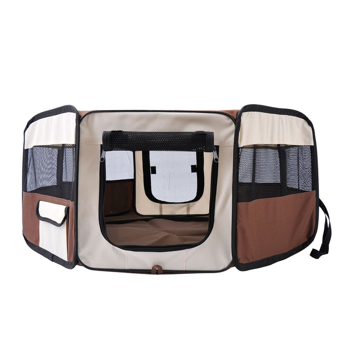 PawHut Fabric Pet Puppy Dog Cat Rabbit Pig Guinea Playpen Play Pen Run Dia90 x 41H cm Brown and Cream | Aosom UK