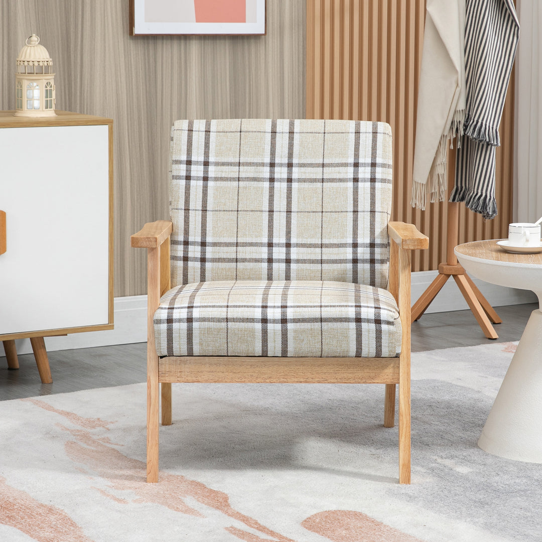 Modern One Seater Sofa for Living Room, Linen Fabric Small Couch with Rubber Wood Frame, Armrests, Lattice Pattern, Upholstered Armchair, Beige