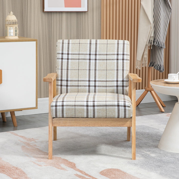 Modern One Seater Sofa for Living Room, Linen Fabric Small Couch with Rubber Wood Frame, Armrests, Lattice Pattern, Upholstered Armchair, Beige