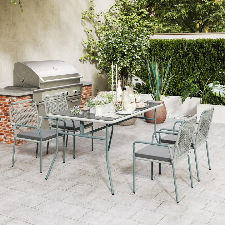 Five-Piece PE Rattan Garden Dining Set with Cushions & Stackable Chairs - Light Grey