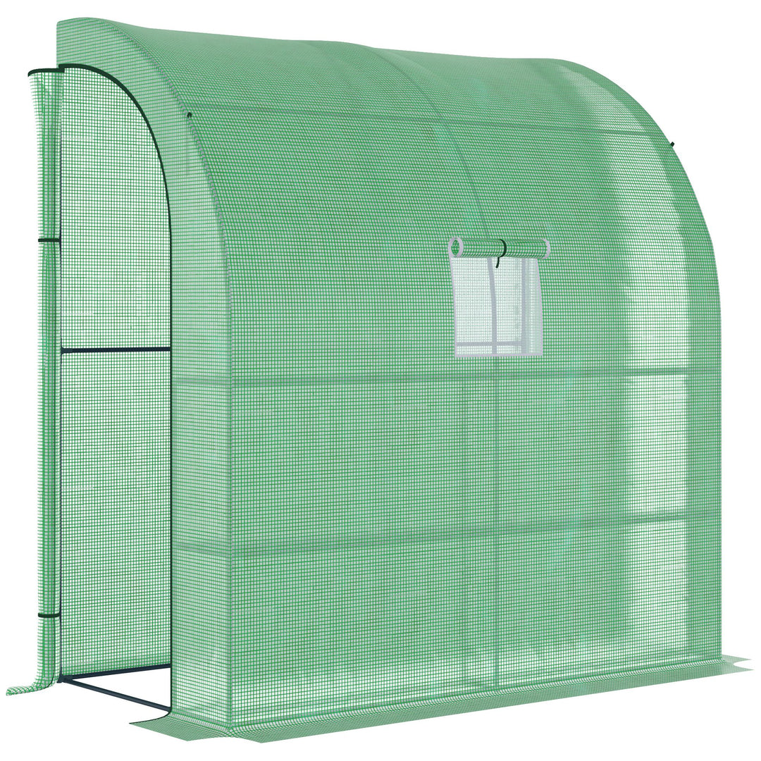 Walk-In Lean to Wall Greenhouse with Windows and Doors, Outdoor Green House with 3 Tiers 4 Wired Shelves, 200L x 100W x 215Hcm, Green