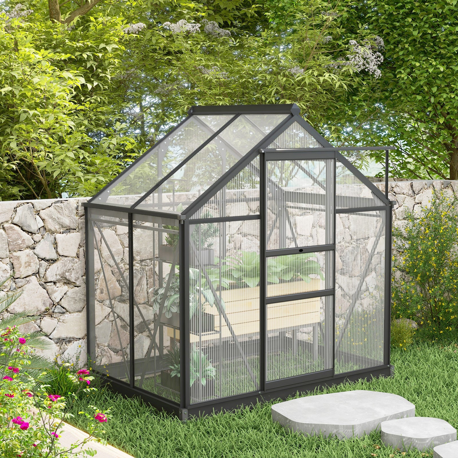 6 x 4ft Polycarbonate Greenhouse, Large Walk-In Green House with Slide Door and Window, Garden Plants Grow House with Aluminium Frame and Foundation, Grey