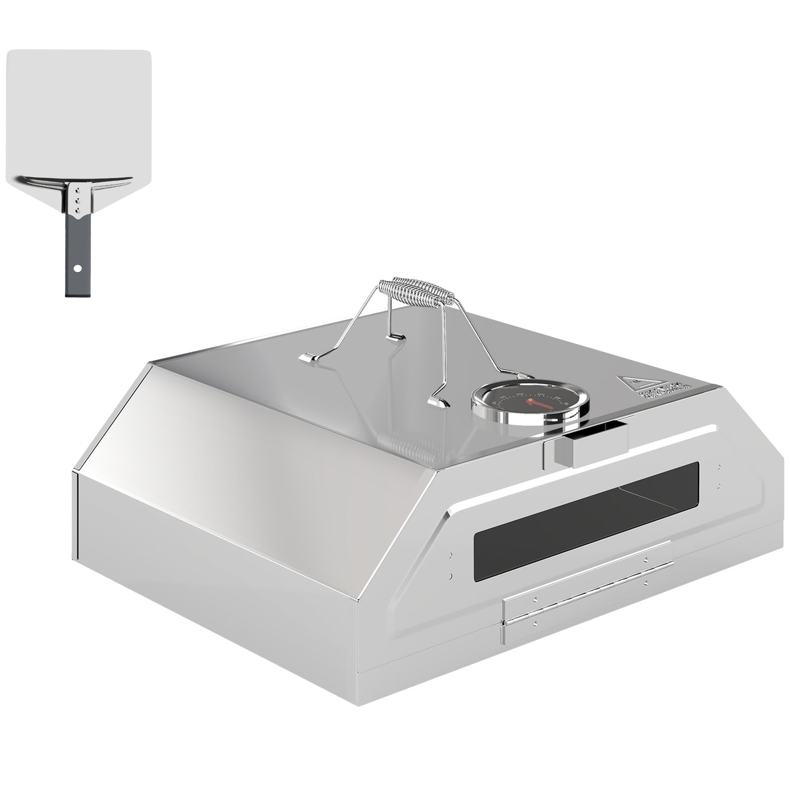 8 in Portable Stainless Steel BBQ Grill Top Pizza Oven with Built-in Thermometer and Viewing Window for Gas and Charcoal BBQ Grills, Includes Carry Handles, Pizza Stone and Peel, Silver Tone