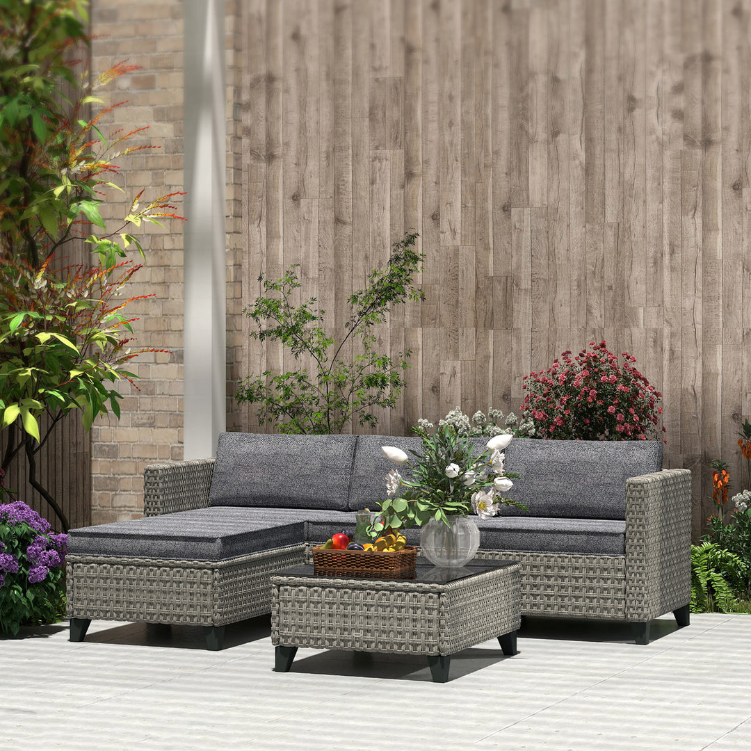 5-Piece Rattan Patio Furniture Set with Corner Sofa, Footstools, Coffee Table, for Poolside, Dark Grey
