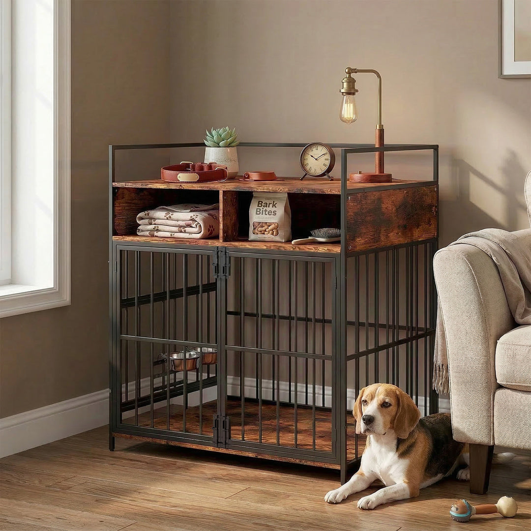 Dog Crate Furniture, Dog Cage with Rotatable Feeding Station and Stora