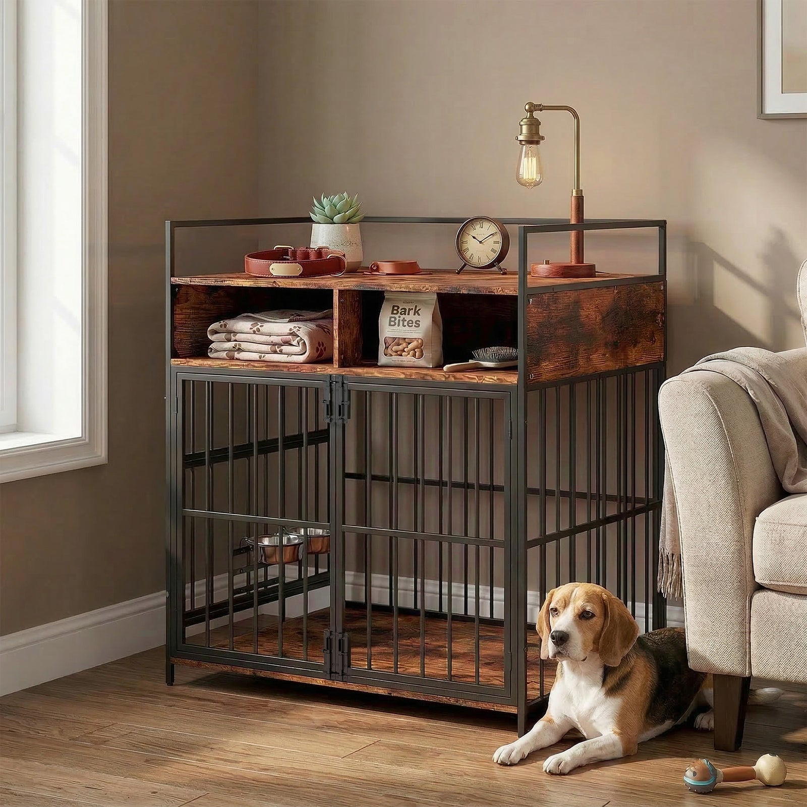 Dog Crate Furniture, Dog Cage with Rotatable Feeding Station and Stora