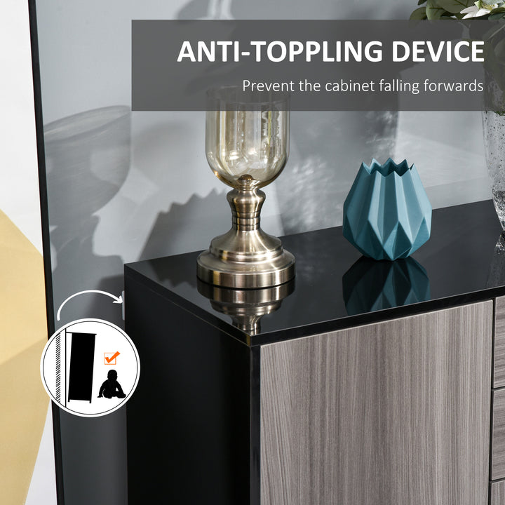 High Gloss Side Cabinet, Push-Open Design with 2 Drawers and 2 Cabinets for Living Room, 74H x 117W x 36Dcm, Light Grey and Black