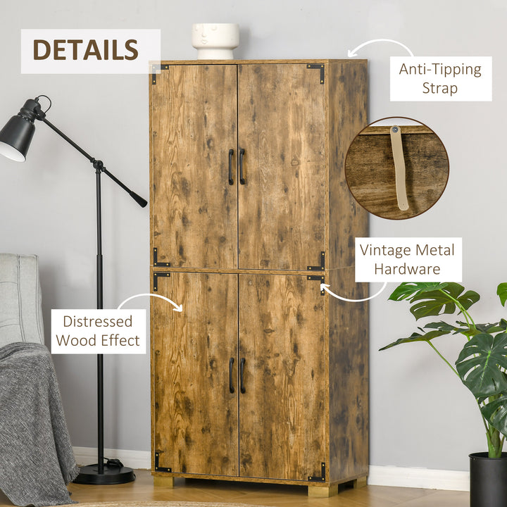 HOMCOM Farmhouse Style Tall Cupboard 4-Door Cabinet with Storage Shelves for Bedroom & Living Room, Rustic Wood Effect | Aosom UK