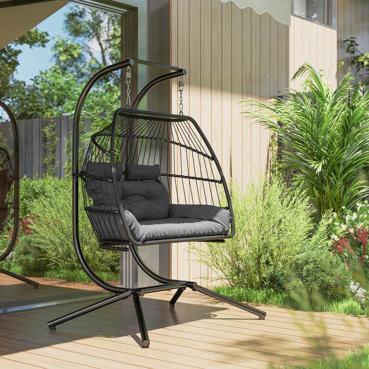Rattan Double Hanging Egg Chair with Stand, Foldable Wicker Swing Egg Chair with Cushion, Head Pillows, Steel Frame, Hammock Chair for Indoor Outdoor, Capacity 260 kg, Dark Grey