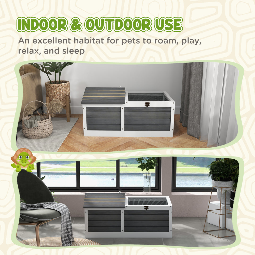 Wooden Tortoise House, Small Pet Reptile Shelter, with Hide Den and Run - Grey