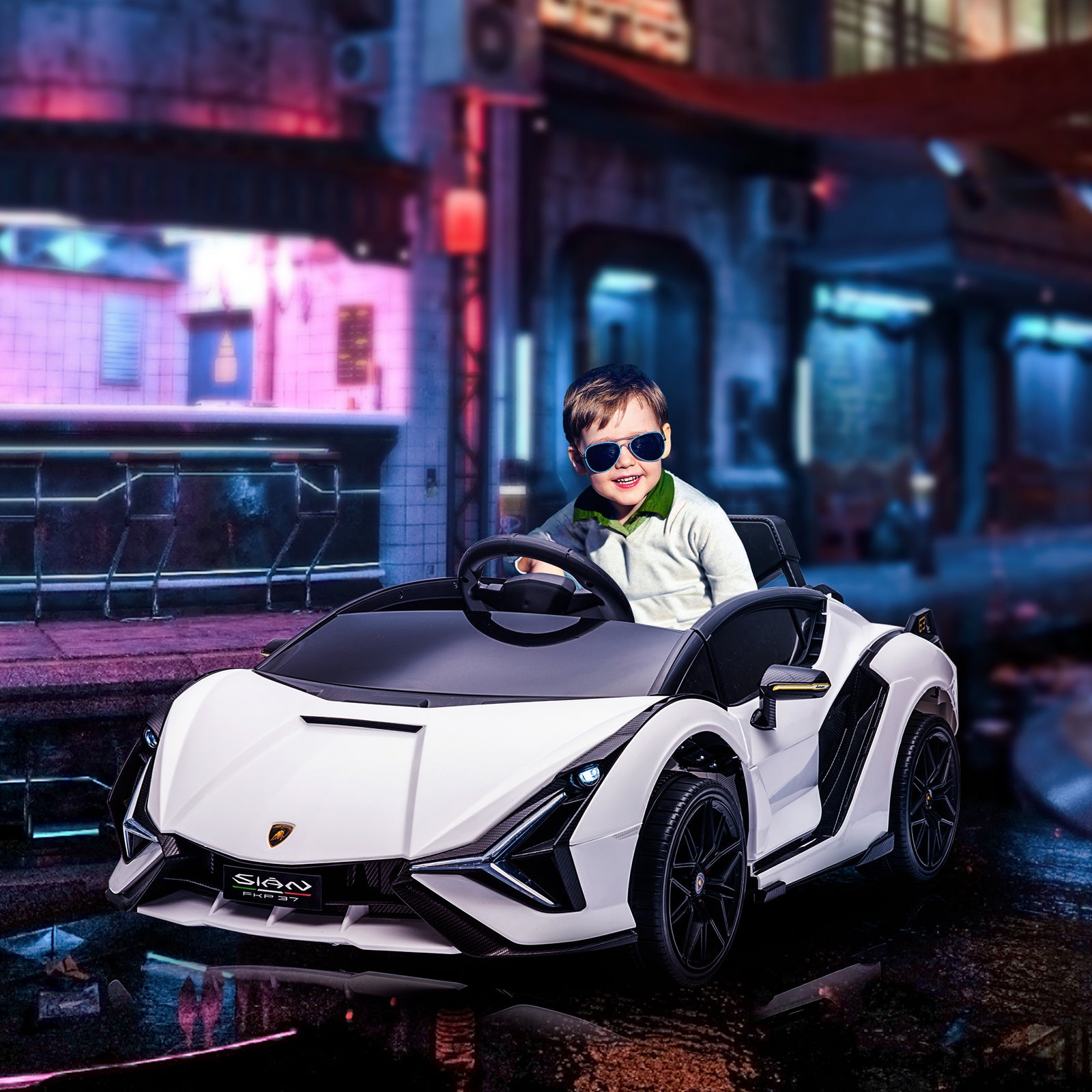 Lamborghini Sian Licensed 12V Kids Electric Ride On Car 2 Motors Toy Car with Remote Control Music Lights MP3 for 3-5 Years White