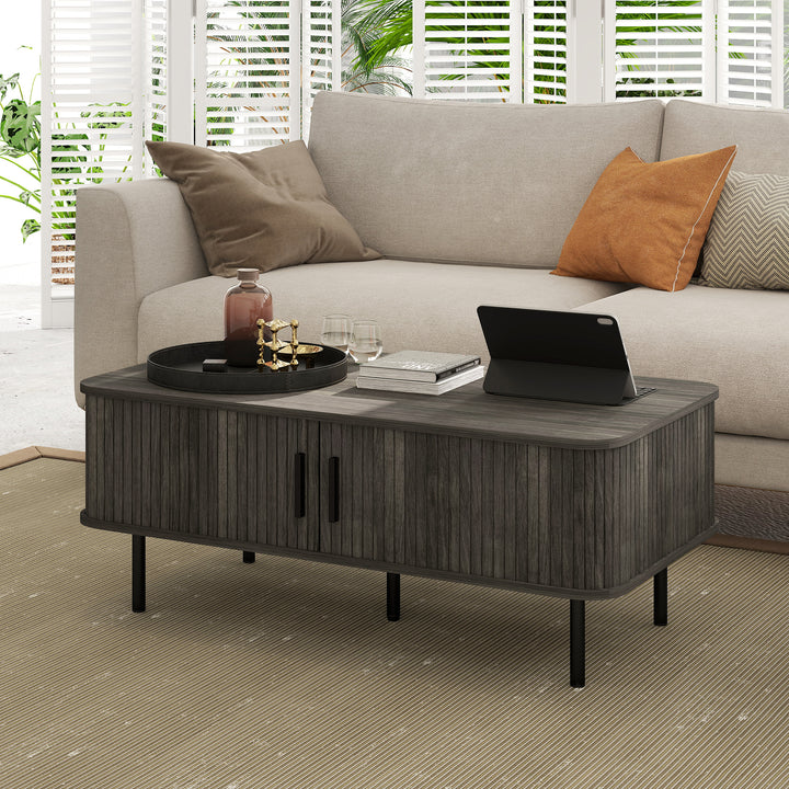 Coffee Table with Storage, Living Room Table with Slatted Tambour Sliding Doors and Foot Pads, Rectangular Coffee Table with Elevated Base for Living Room, Grey Wood-Effect