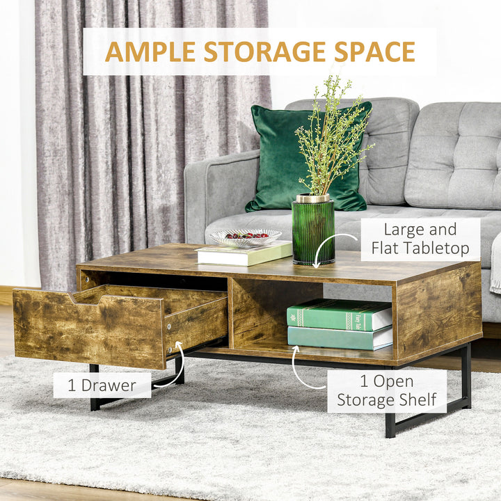 Industrial Coffee Table, Centre Table with Storage Shelf, Drawer and Metal Frame, Coffee Tables for Living Room, Office, 106W x 48D x 43H cm, Rustic Brown