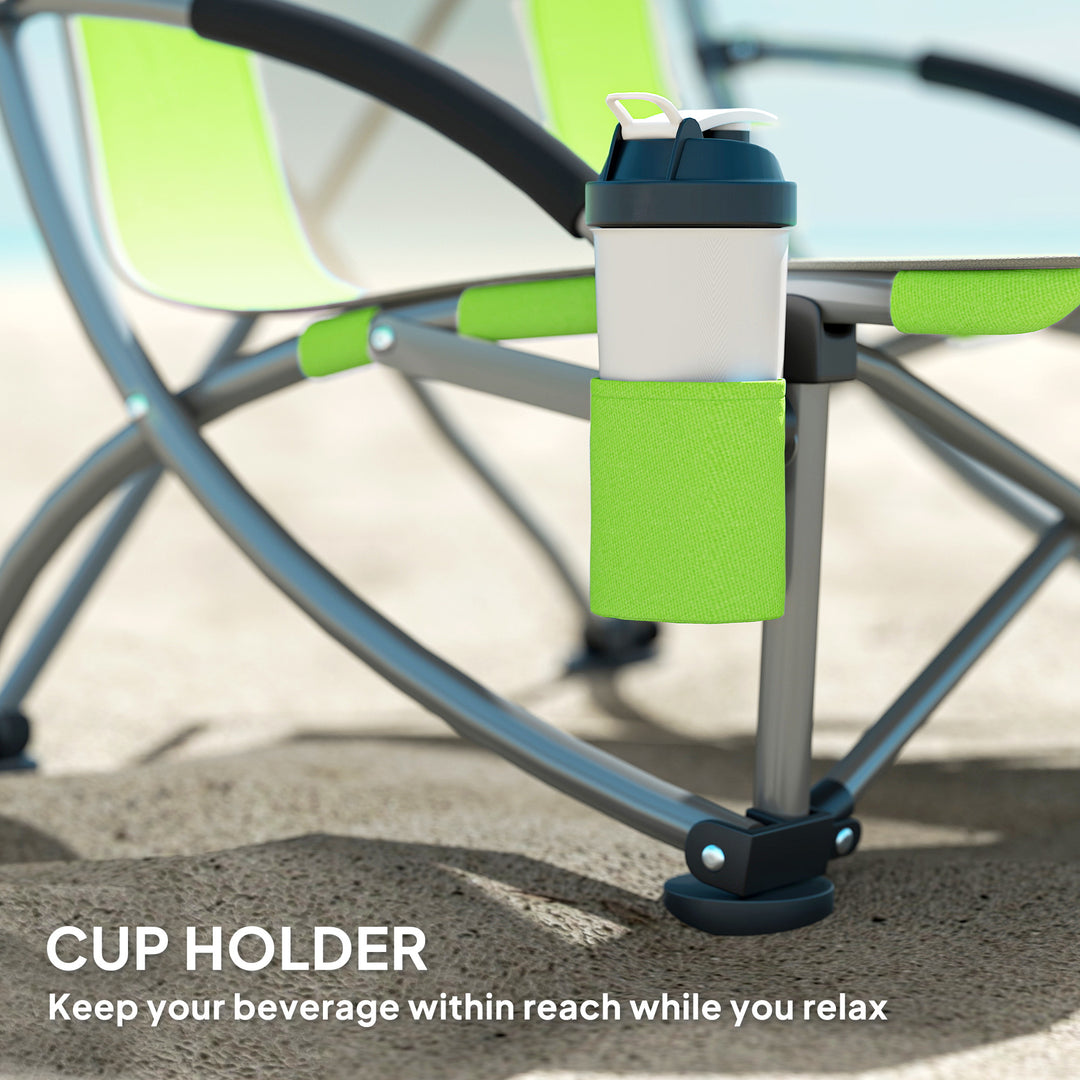 Set of 2 Folding Beach Chair, Low Camping Chair with Mesh Back, Carry Bag and Cup Holder for Garden Outdoor Picnic Festival Travel, Green