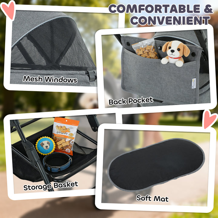 Pet Stroller, Foldable Dog Cat Stroller with Detachable Carrier, Wheel