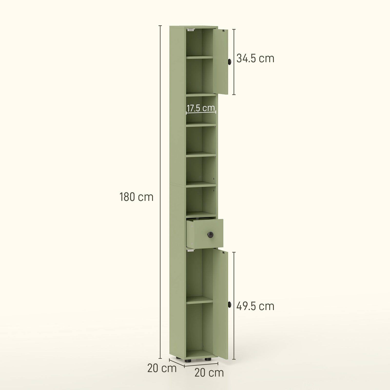 180cm Slim Bathroom Cabinet, with Drawer, Shelves and Cupboards - Gree