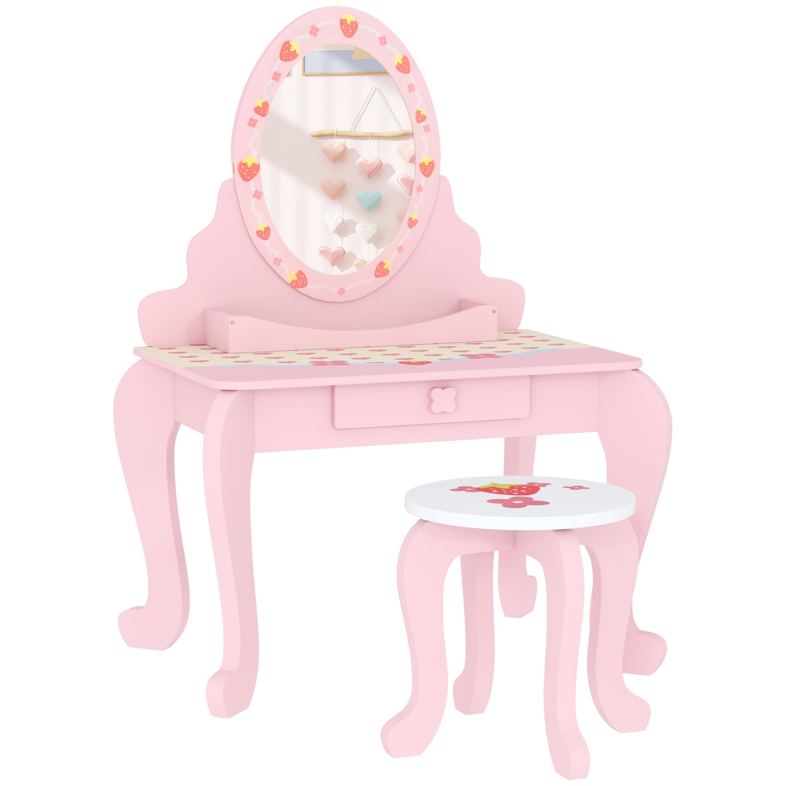 AIYAPLAY Kids Dressing Table Set, Vanity Table with Stool, Mirror, Drawer, Desktop, Storage, Strawberry-Theme, Pink