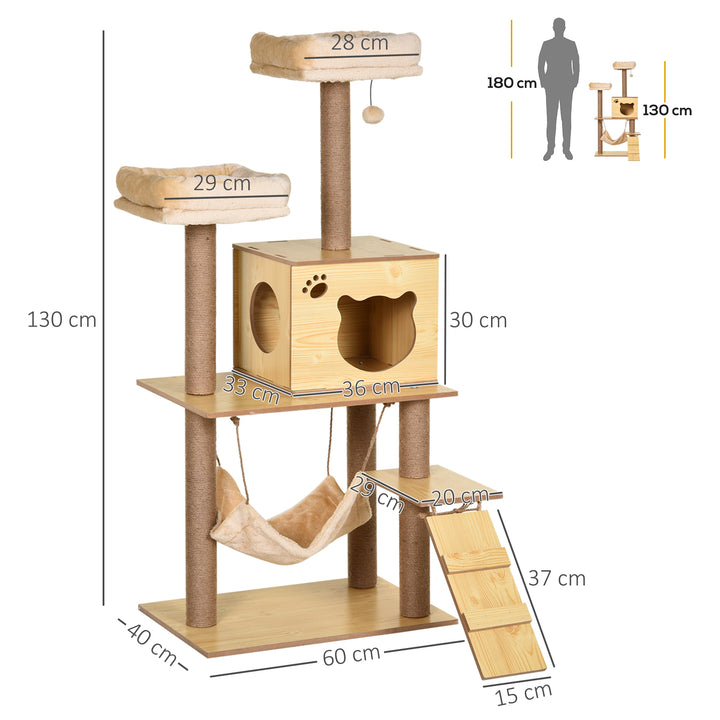 130cm Cat Tree for Indoor Cats, Multi-Level Plush Cat Tower, with Five Scratching Posts, Two Perches, Cat House, Hammock