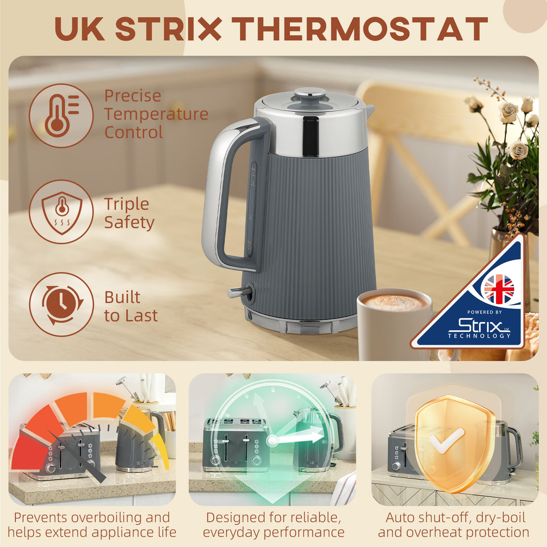 Electric Kettle and Toaster Set, 3000W 1.7L UK Strix Thermostat Rapid Boil Jug Kettle with Limescale Filter, Cool Touch Body, 4 Slice Toaster with 7 Browning Controls, Crumb Tray, Grey