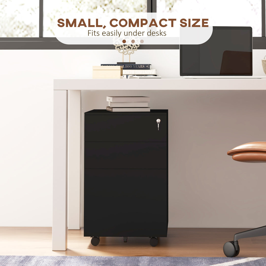 3-Drawer Vertical Filing Cabinet with Pencil Tray, Lock and 5 Wheels, Steel Mobile File Cabinet, for A4, Legal and Letter Size, Pre-Assembled Body, Black
