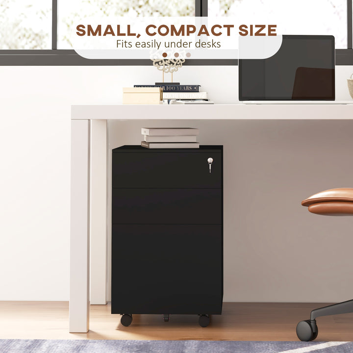 3-Drawer Vertical Filing Cabinet with Pencil Tray, Lock and 5 Wheels, Steel Mobile File Cabinet, for A4, Legal and Letter Size, Pre-Assembled Body, Black
