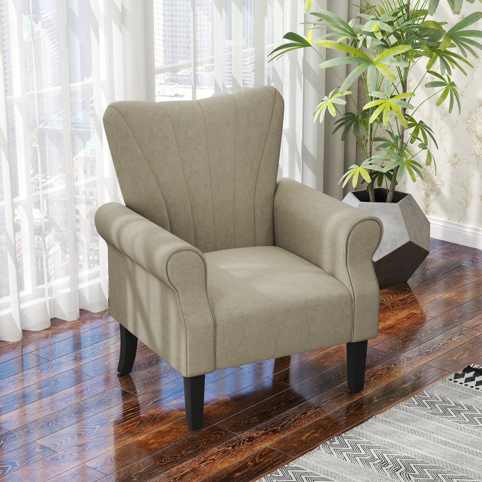 Upholstered Accent Chair with Rolled Arms and Wood Legs, Armchair for Living Room Bedroom, Beige