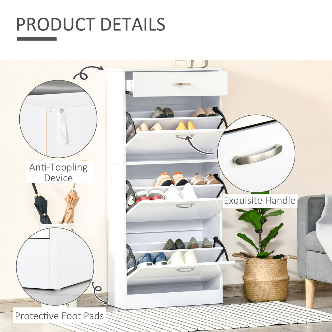 Shoe Cabinet with 3 Flip Drawers, High Gloss Shoe Storage Cabinet with Top Drawer and Adjustable Shelves, Shoe Cupboard for 18 Pairs, White