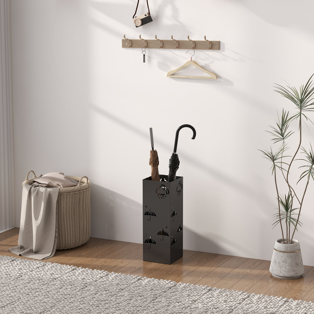 Metal Umbrella Stand, Square Umbrella Holder with Removable Drip Tray and 4 Hooks, Decorative Umbrella Storage Rack for Hallway, Entryway, 15.5 x 15.5 x 41 cm, Black