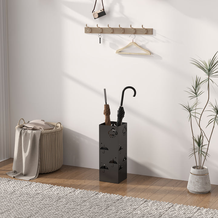 Metal Umbrella Stand, Square Umbrella Holder with Removable Drip Tray and 4 Hooks, Decorative Umbrella Storage Rack for Hallway, Entryway, 15.5 x 15.5 x 41 cm, Black