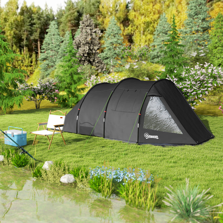 3-4 Man Tunnel Tent, Two Room Camping Tent with Windows, Portable Carry Bag, for Fishing, Hiking, Sports, Festival - Black