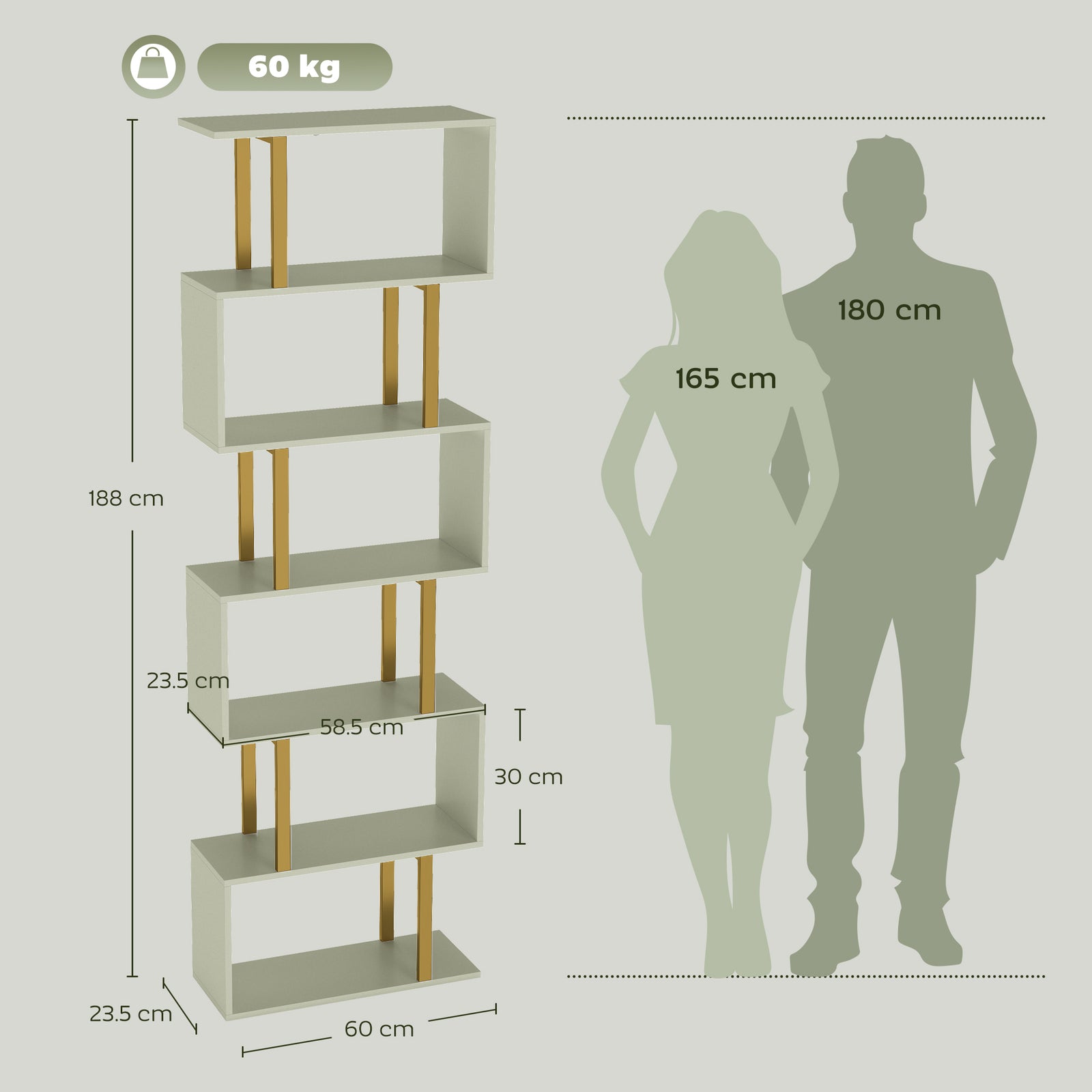 S-Shaped Bookshelf, 6-Tier Bookcase, Freestanding Storage Shelves with