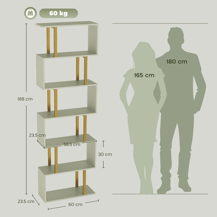S-Shaped Bookshelf, 6-Tier Bookcase, Freestanding Storage Shelves with